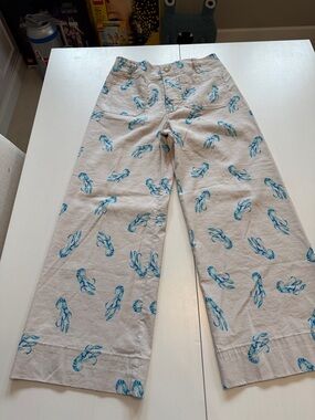 Anthropologie Maeve Cream Cropped Wide-Leg Pants with Blue Lobster Print